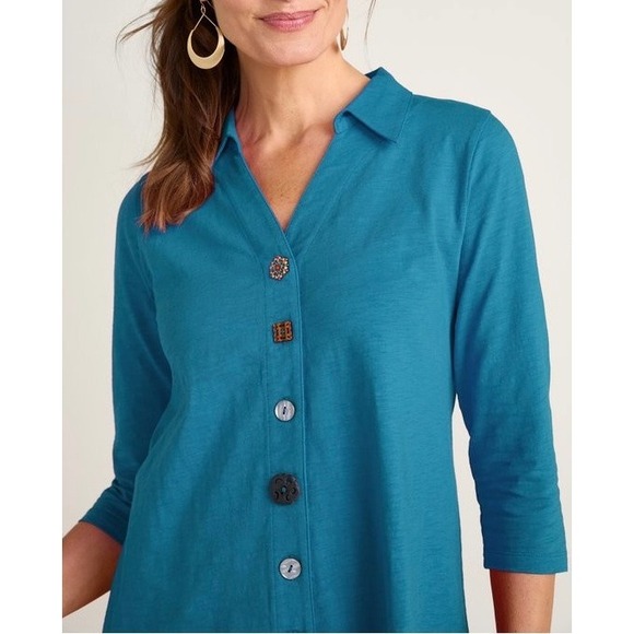 Soft Surroundings Tops - Soft Surroundings Tunic Danielle 3/4 Sleeve NWOT Button Front Teal Blue Large